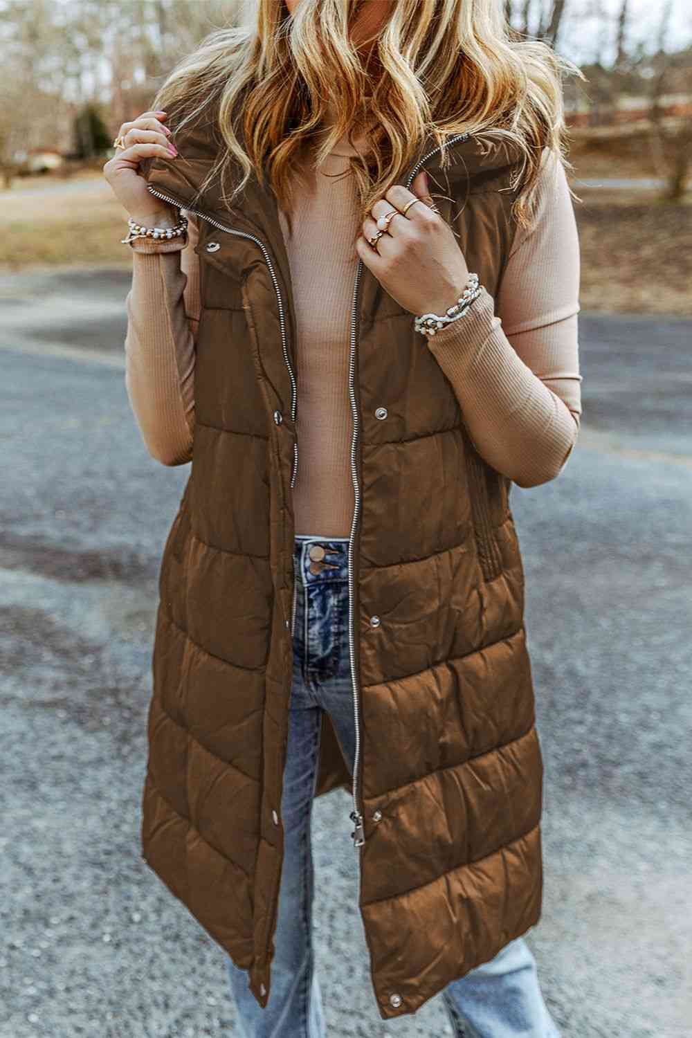 Longline Hooded Sleeveless Puffer Vest In Chestnut