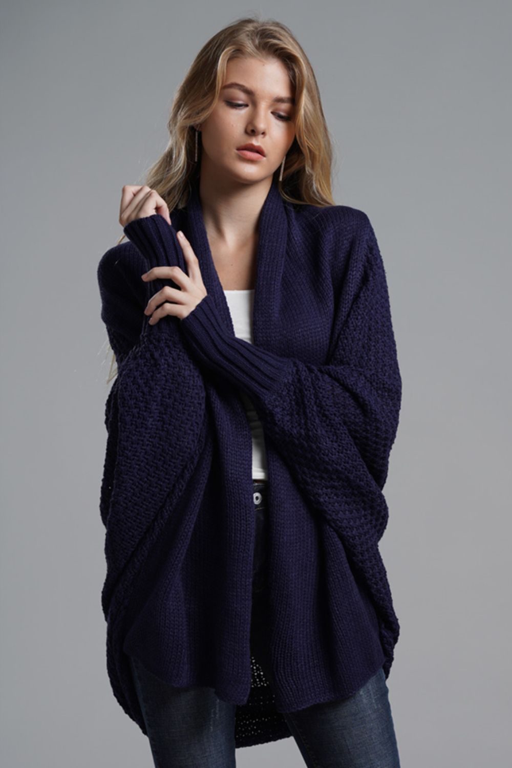 Dolman Sleeve Open Front Ribbed Trim Longline Cardigan In Navy