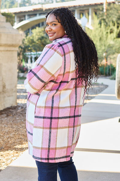 Back View, Plus Size, Double Take, Plaid Button Up Lapel Collar Coat In Carnation Pink