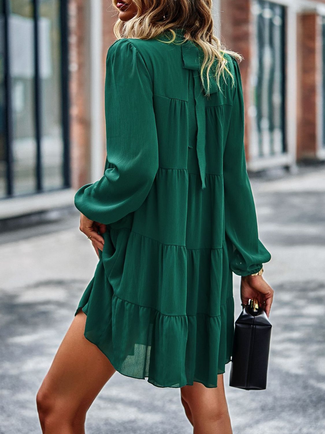 Back View, Frill Neck Puff Sleeve Tiered Dress In Green