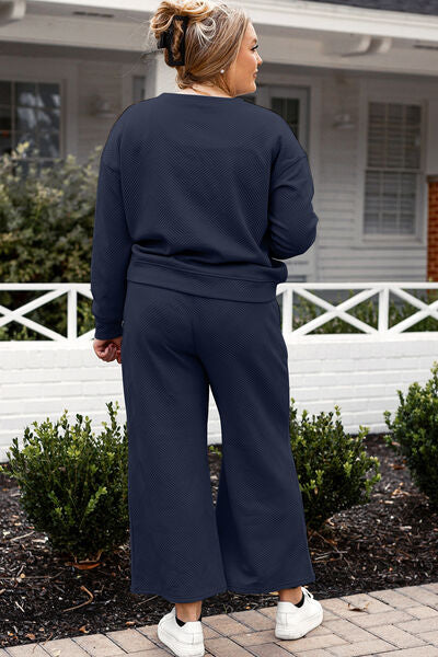 Back View, Plus Size, Double Take, Textured Long Sleeve Top and Drawstring Pants Set In Navy