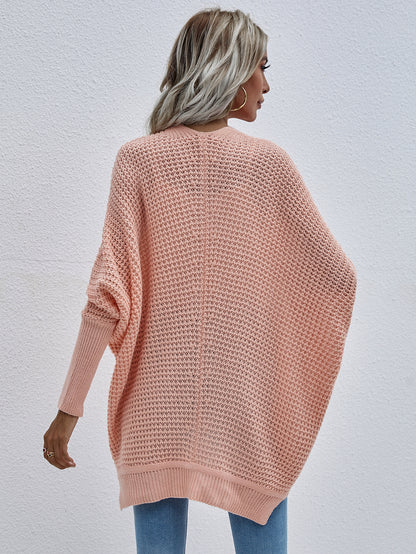 Back View, Waffle Knit Open Front Cardigan In Pink