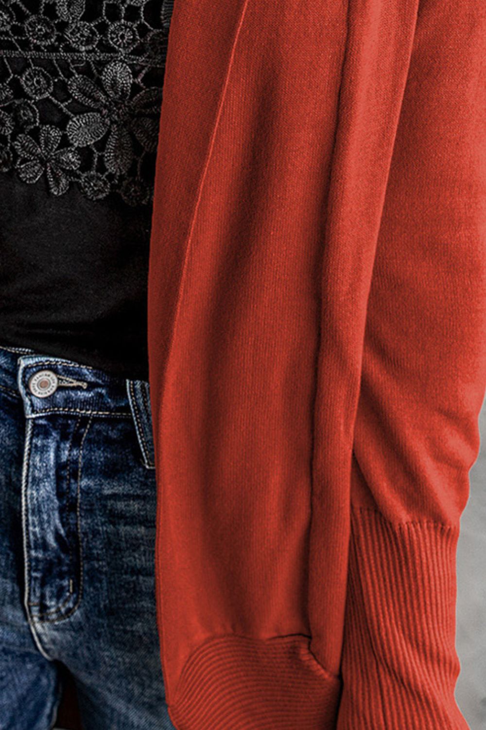 Close-Up, Long Sleeve Ribbed Hem Open Front Longline Cardigan In Red