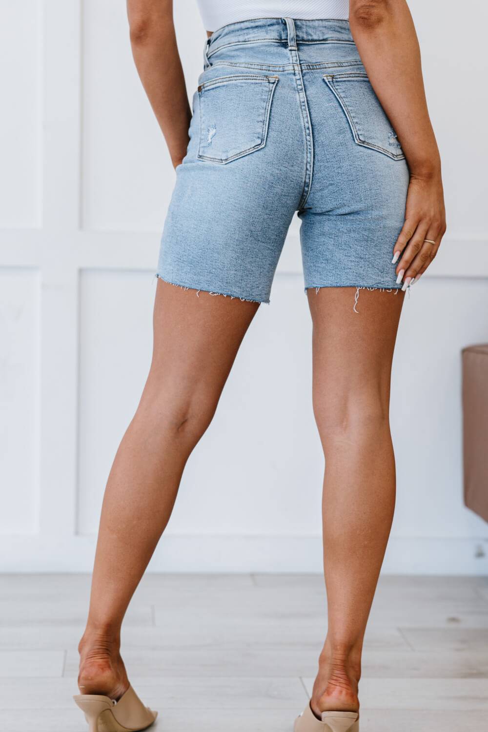 Back View, Judy Blue, Acid Wash Denim Patch High Rise Mid Thigh Shorts. Style Number 150094