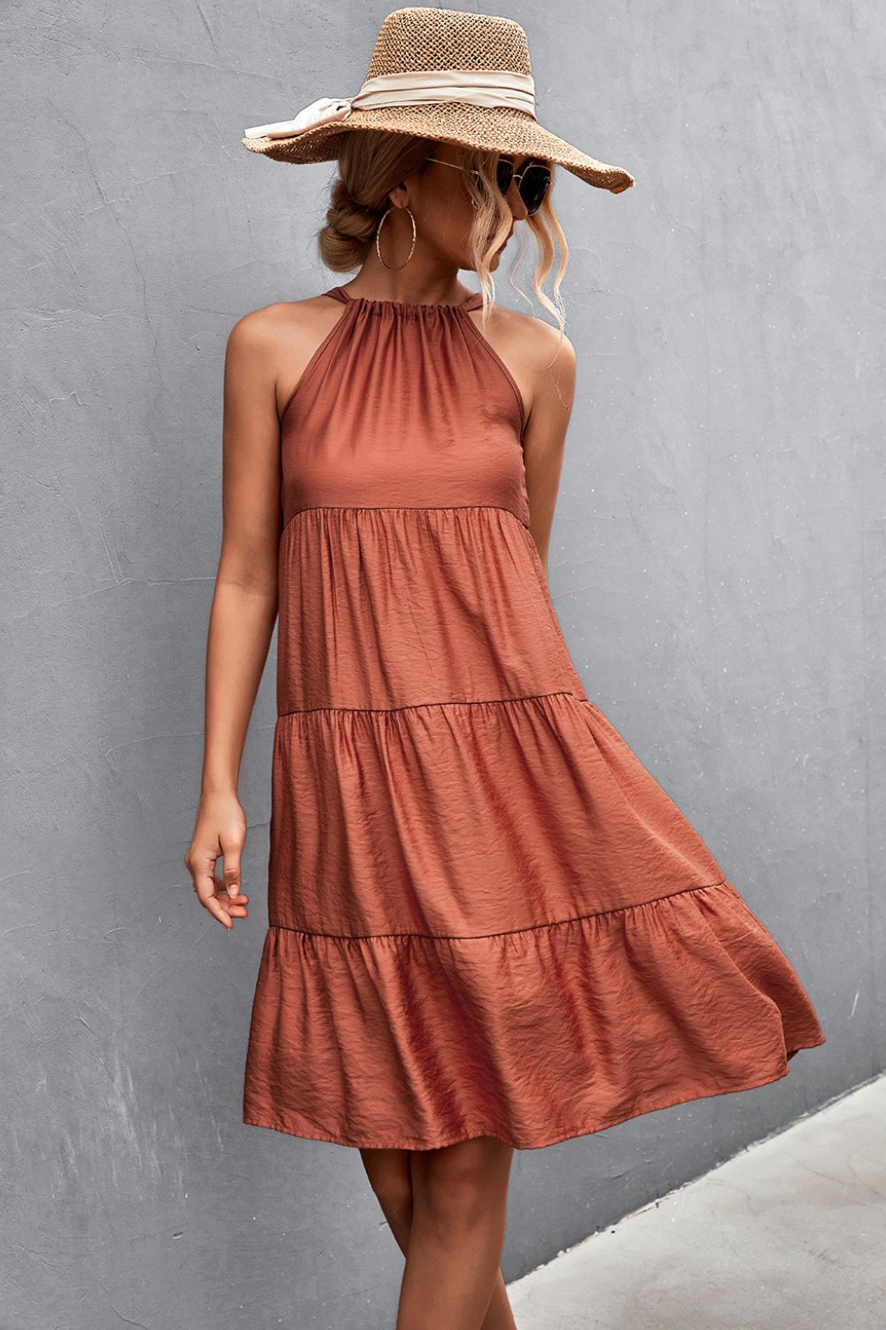 Grecian Tiered Sleeveless Dress In Brick