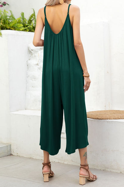 Back View, Spaghetti Strap Scoop Neck Jumpsuit In Forest