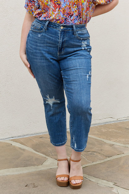 Plus Size, Judy Blue, High-Rise Destroyed Ankle Straight Jeans with Colorful Pocket Embroidery Style 88610