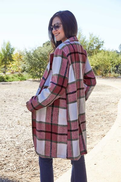 Side View, Double Take, Plaid Button Up Lapel Collar Coat In Deep Red