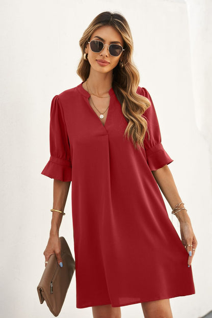Puff Sleeve Notched Mini Shift Dress In  Red