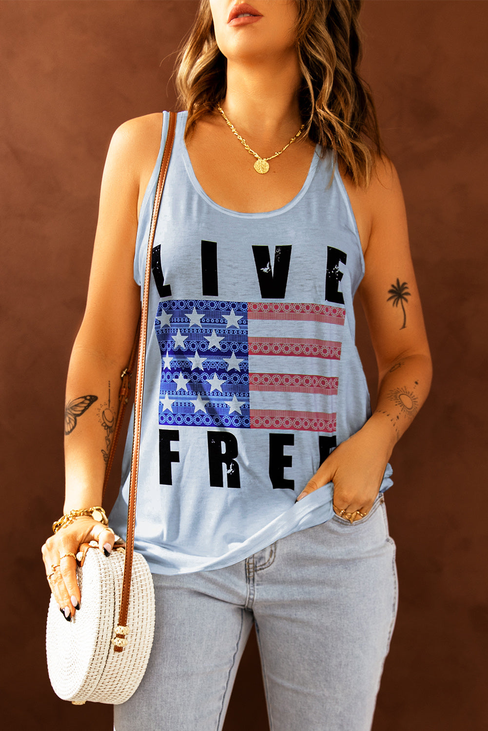 LIVE FREE Stars and Stripes Graphic Tank In Gray