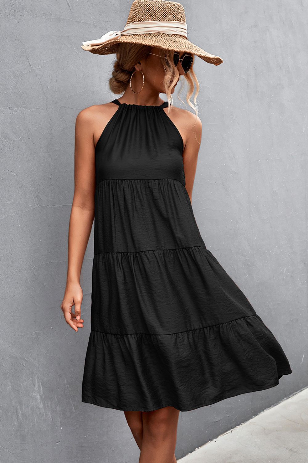 Grecian Tiered Sleeveless Dress In Black