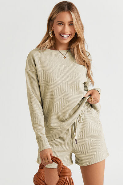 Double Take, Textured Long Sleeve Top and Drawstring Shorts Set In Tan