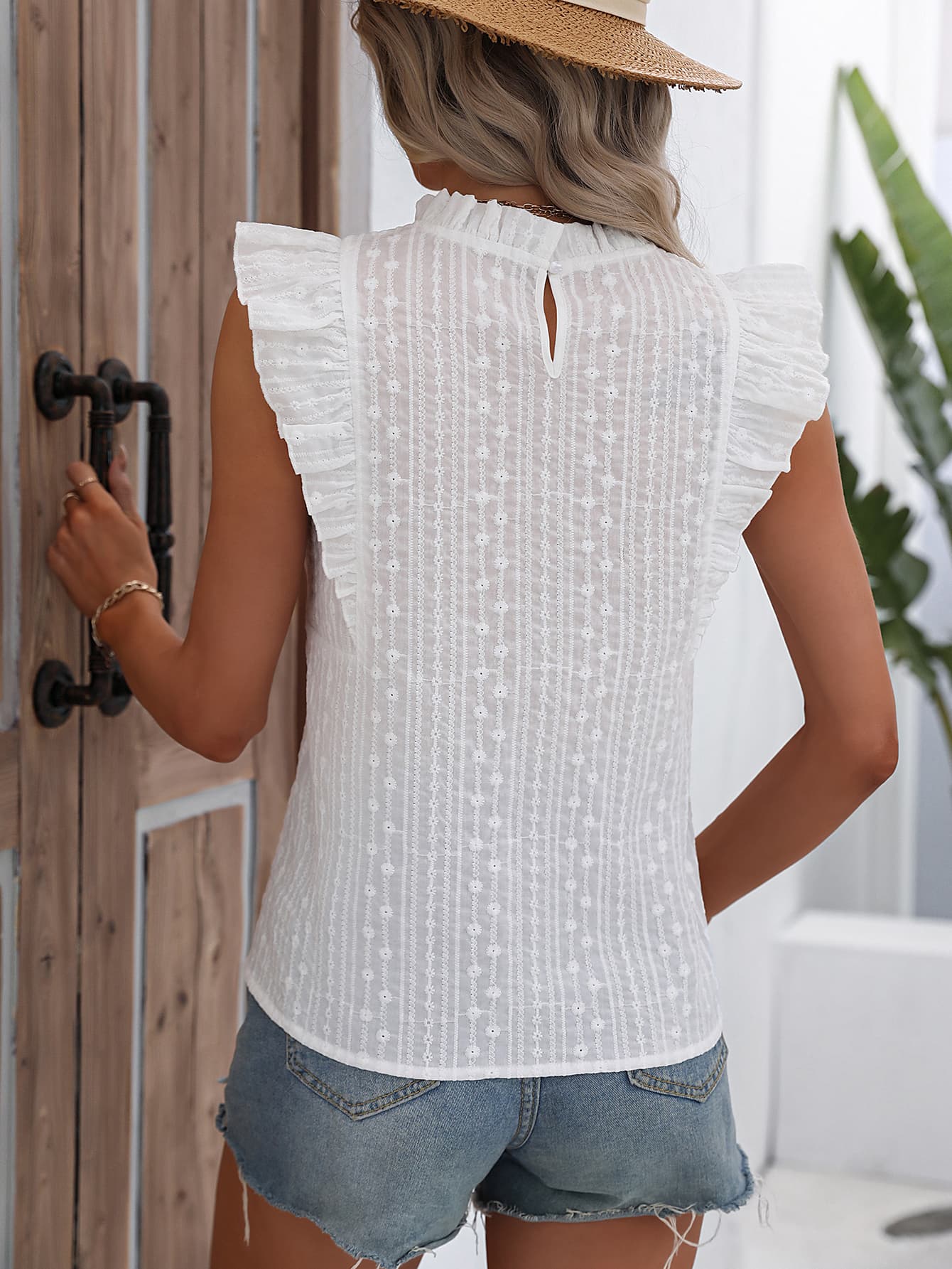 Back View, Butterfly Sleeve Frill Neck Blouse