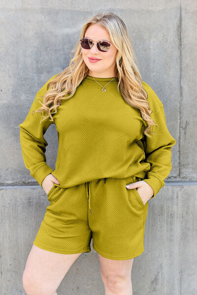 Plus Size, Double Take, Textured Long Sleeve Top and Drawstring Shorts Set In Chartreuse
