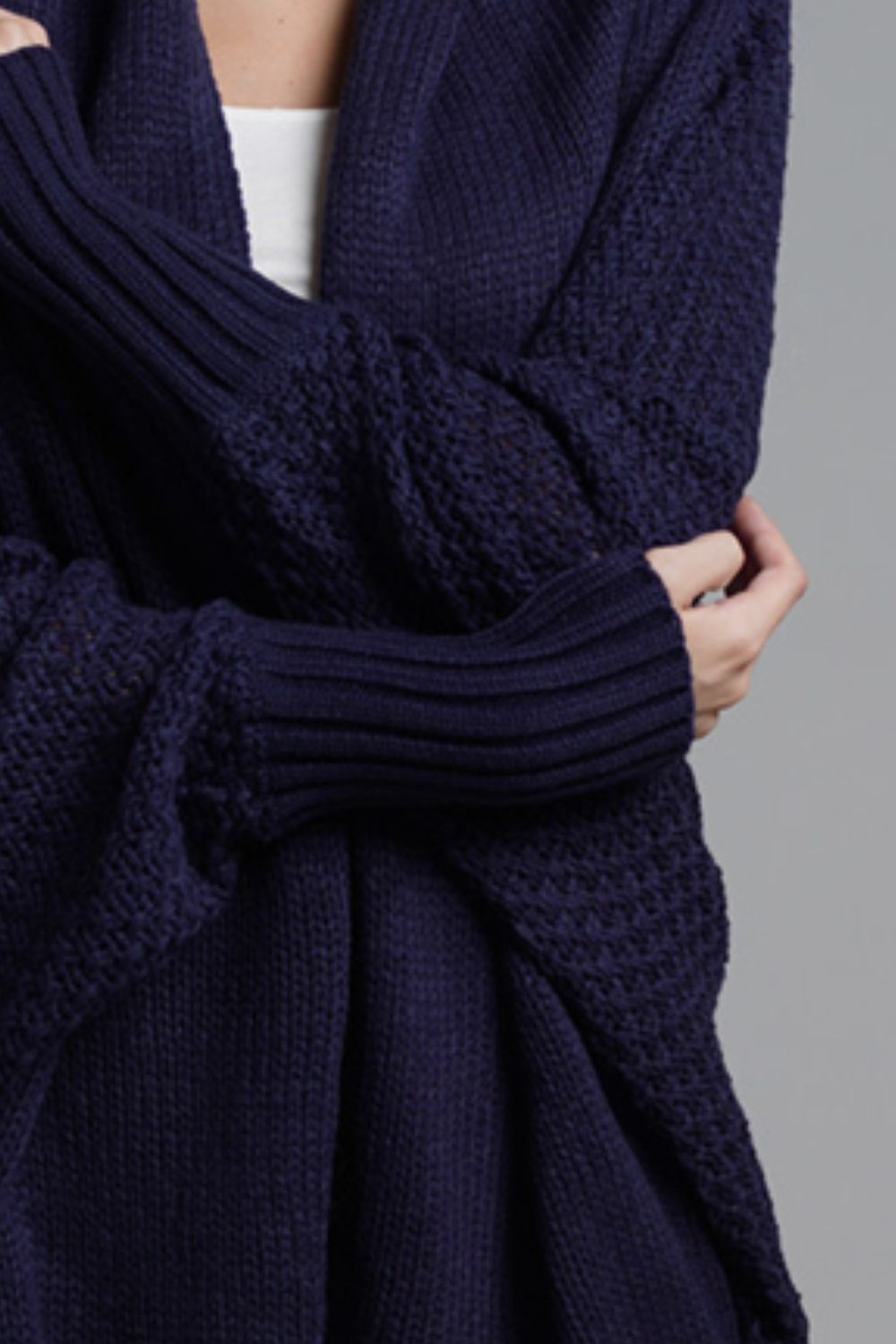 Close-Up, Dolman Sleeve Open Front Ribbed Trim Longline Cardigan In Navy