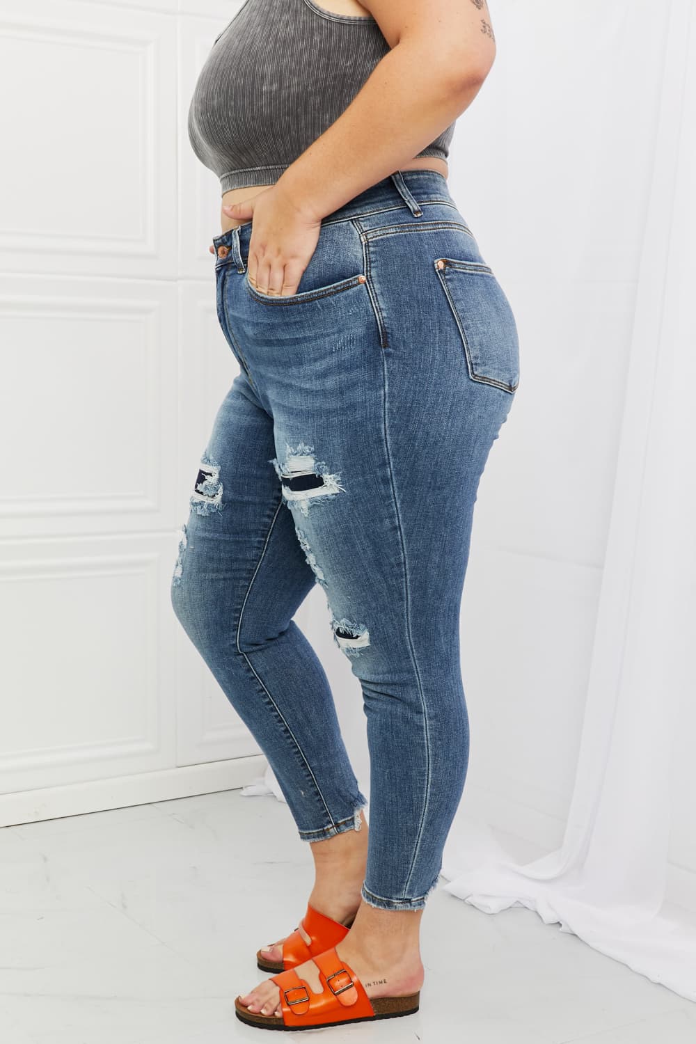 Side View, Plus Size, Judy Blue, Mid Rise Navy Blue Patched Destroy Relaxed Jeans
