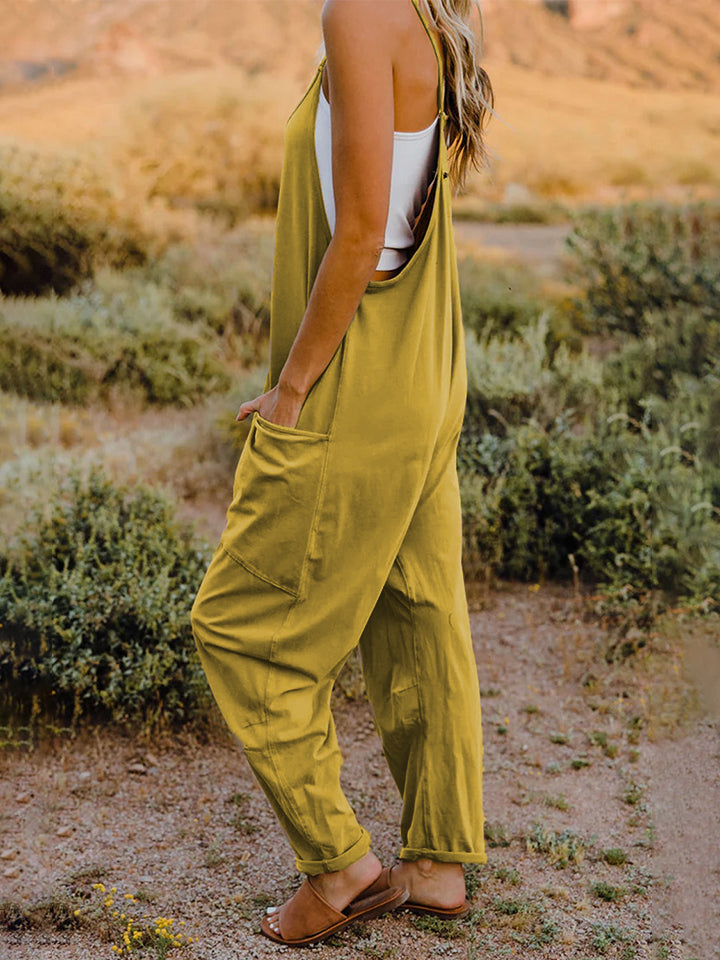 Side View, Double Take, Sleeveless V-Neck Pocketed Jumpsuit In Banana Yellow