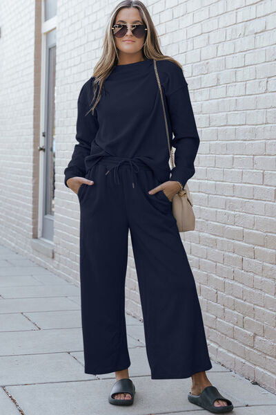 Double Take, Textured Long Sleeve Top and Drawstring Pants Set In Navy