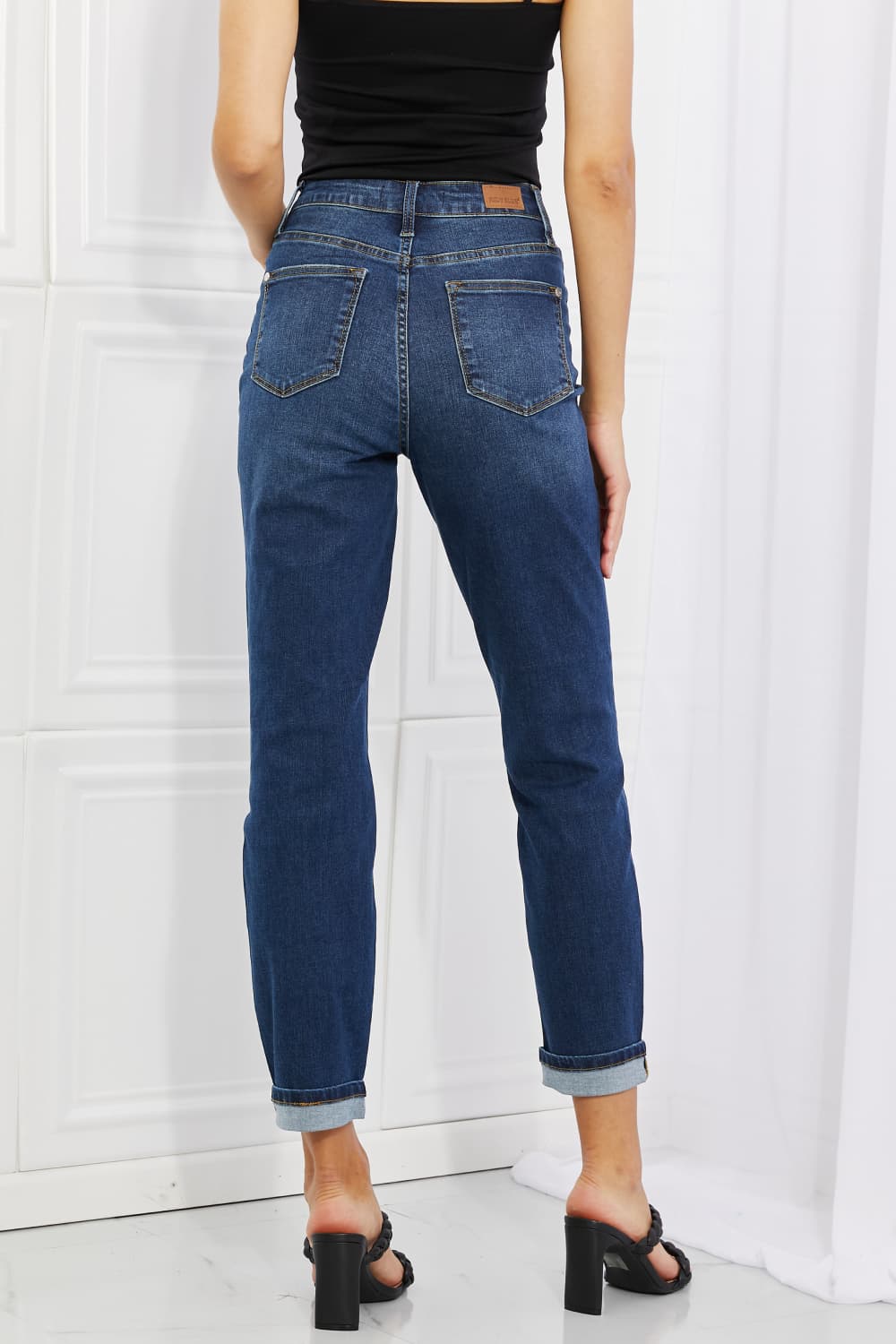 Back View, Judy Blue, High-Rise Sustainable Cool Denim Cuffed Boyfriend Jeans Style 88608