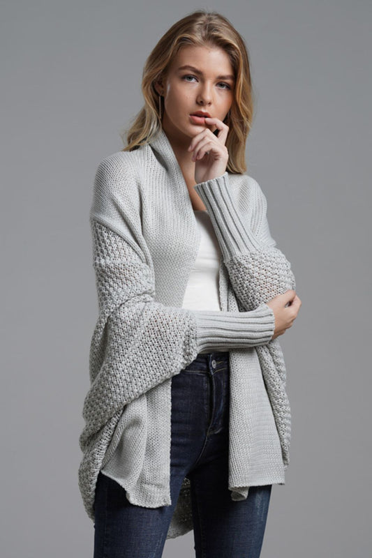 Dolman Sleeve Open Front Ribbed Trim Longline Cardigan In Gray