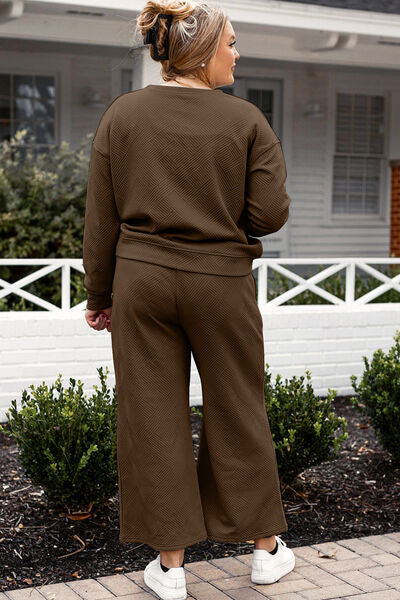 Back View, Plus Size, Double Take, Textured Long Sleeve Top and Drawstring Pants Set In Chestnut