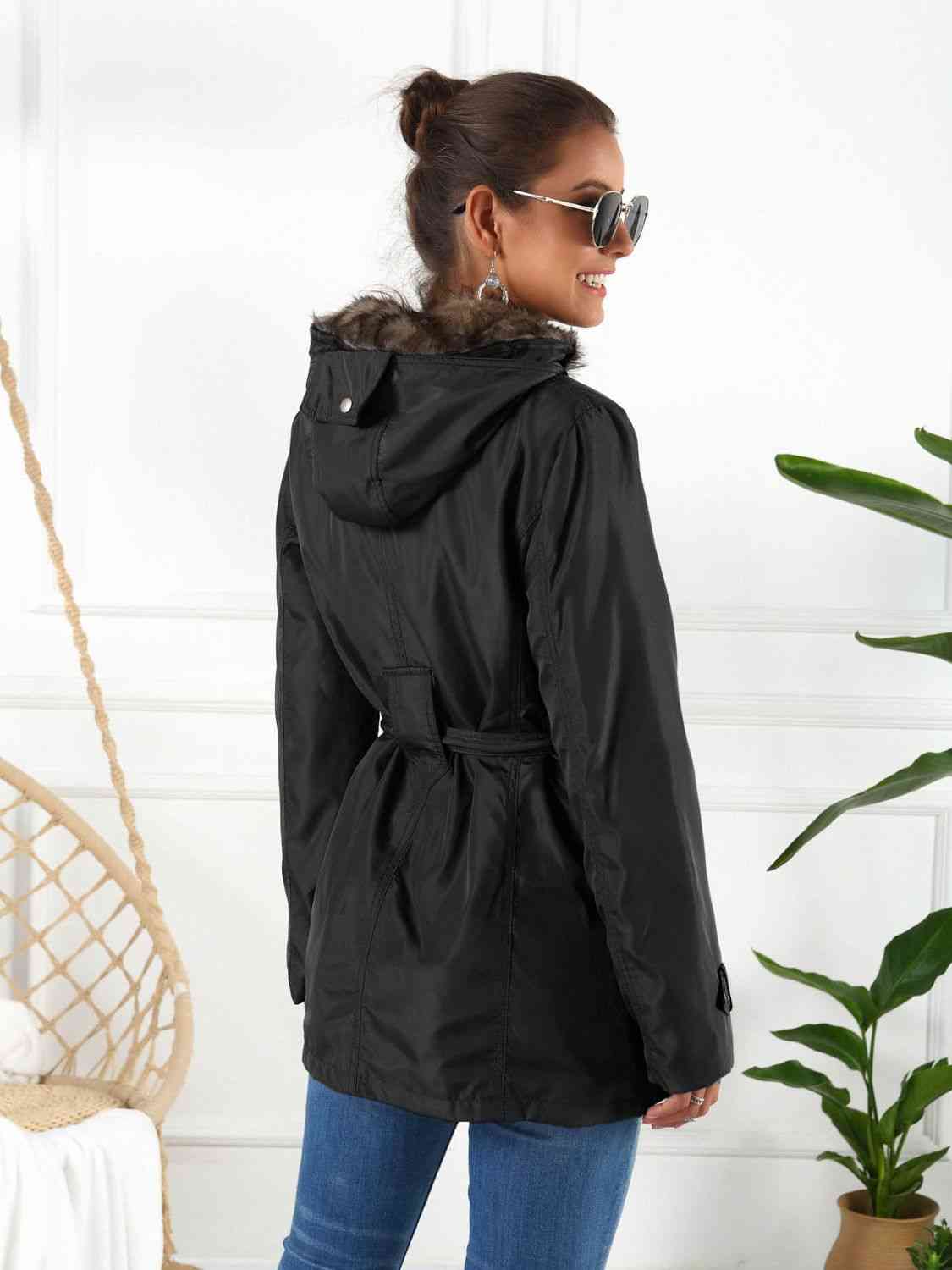 Back View, Hooded Jacket with Detachable Liner (Three-Way Wear) In Black
