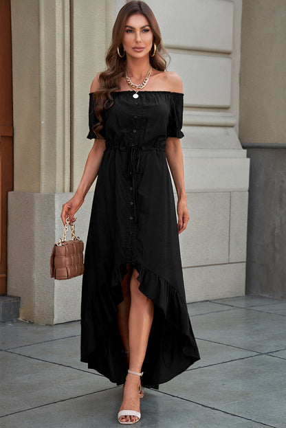 Off-Shoulder Drawstring Waist Ruffled High-Low Dress In Black