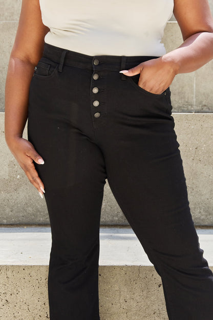 Close-Up, Plus Size, Judy Blue High-Waist Button Fly Raw Hem Bootcut Jeans (Style 82570)