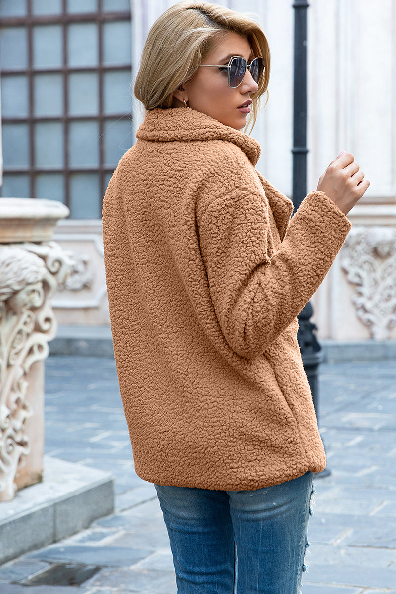 Back View, Lapel Collar Sherpa Coat In Camel