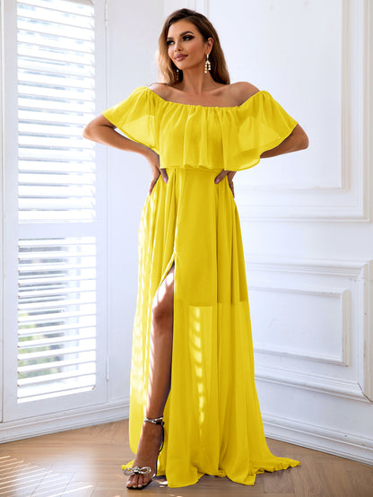 Off-Shoulder Layered Split Maxi Dress In Yellow