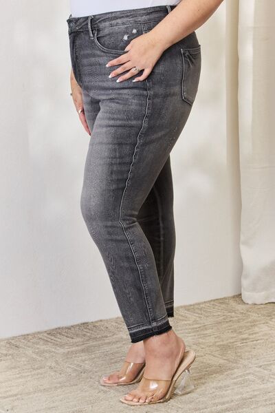 Side View, Plus Size, Judy Blue, High Waist Tummy Control Grey Wash Release Hem Skinny Jeans Style 88792