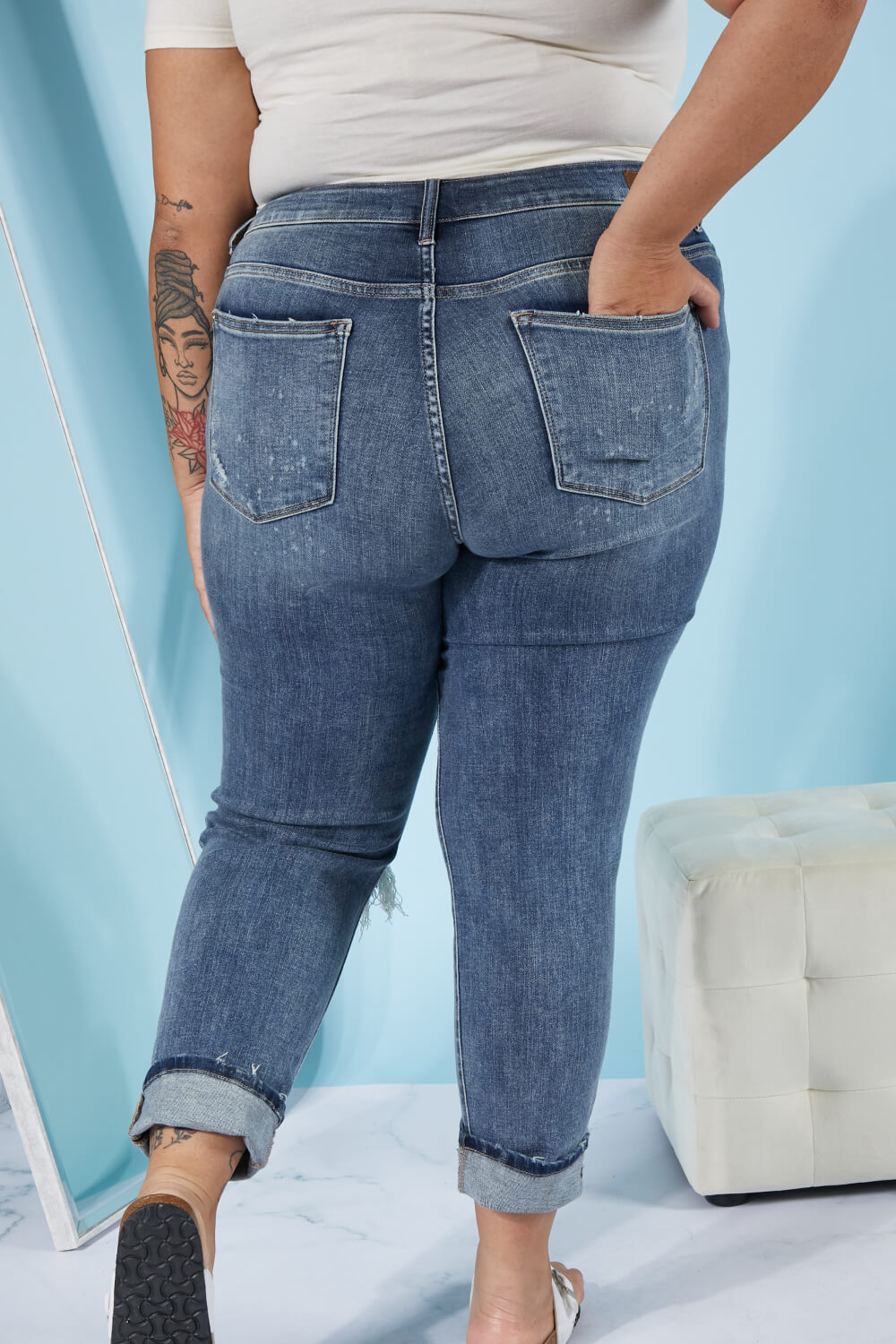 Back View, Plus Size, Judy Blue, Bleach Splash Boyfriend Jeans Style 82363