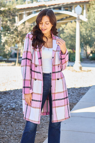 Double Take, Plaid Button Up Lapel Collar Coat In Carnation Pink
