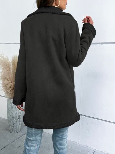 Back View, Contrast Button Up Lapel Collar Long Sleeve Coat In Black