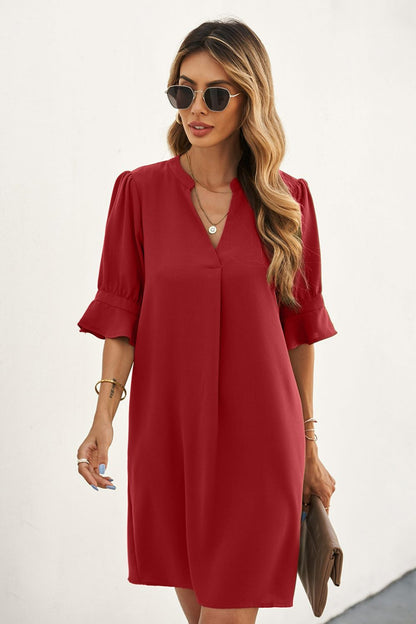 Puff Sleeve Notched Mini Shift Dress In Red