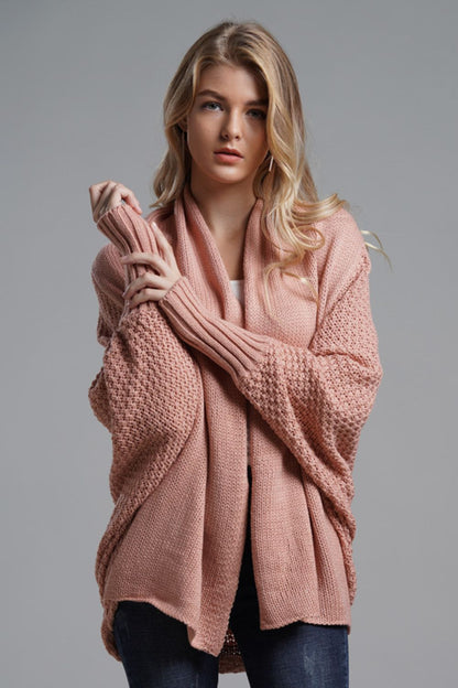 Dolman Sleeve Open Front Ribbed Trim Longline Cardigan In Pink