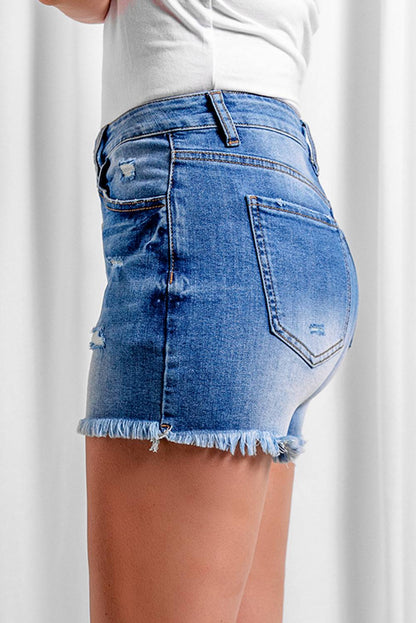 Side View, Exposed Button Fly Raw Hem Denim Shorts By THE BRAND Shopping
