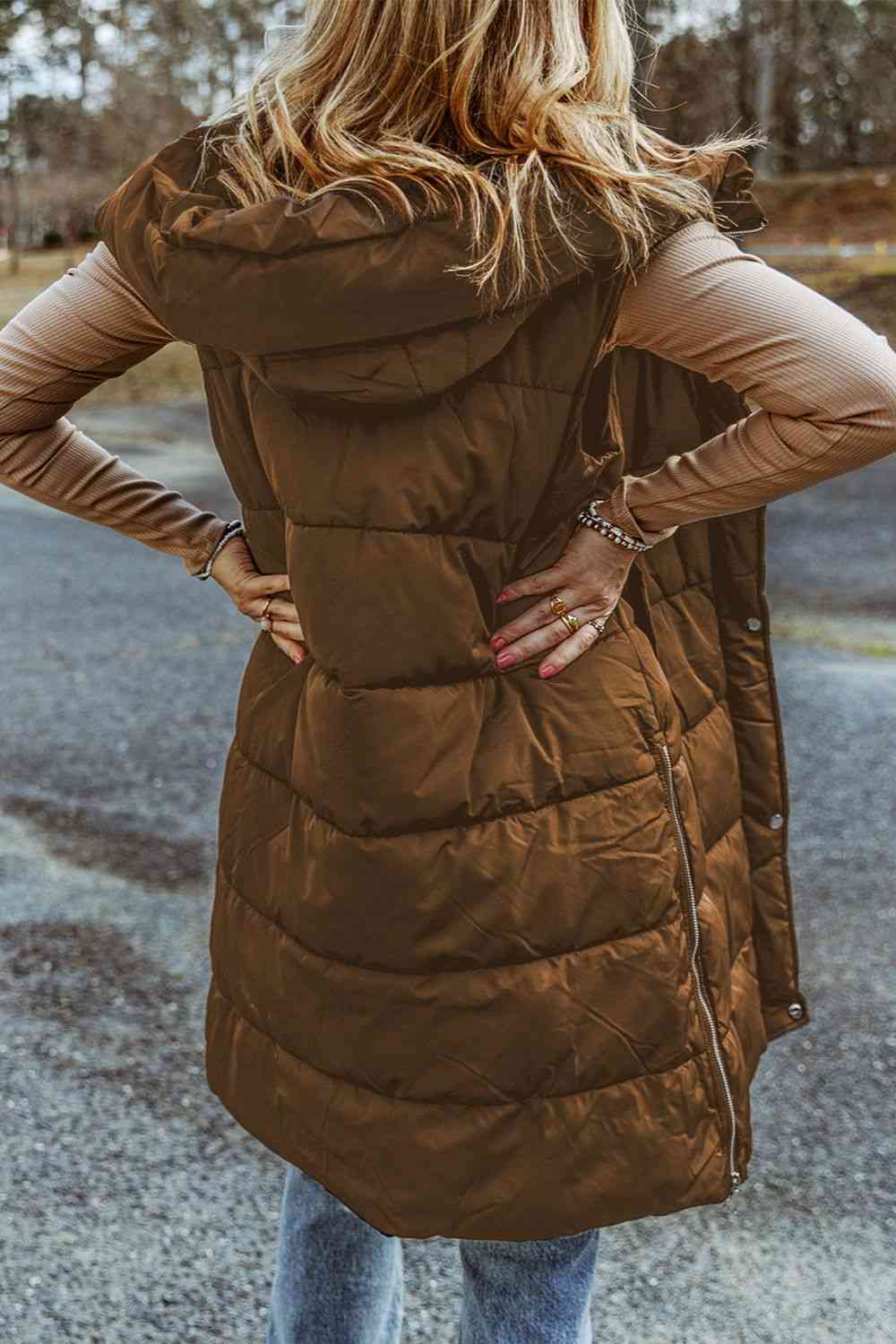 Back View, Longline Hooded Sleeveless Puffer Vest In Chestnut