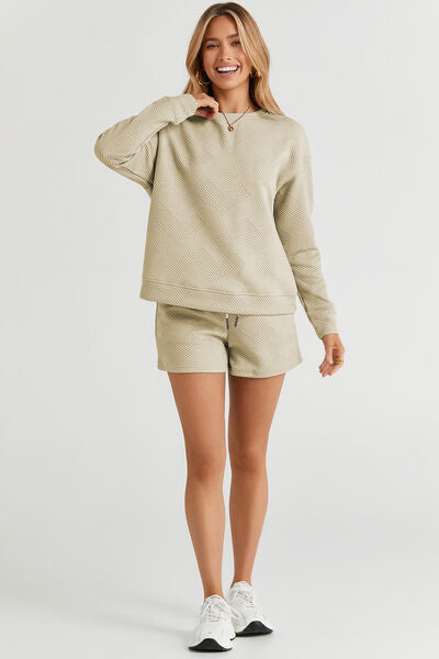 Double Take, Textured Long Sleeve Top and Drawstring Shorts Set In Tan