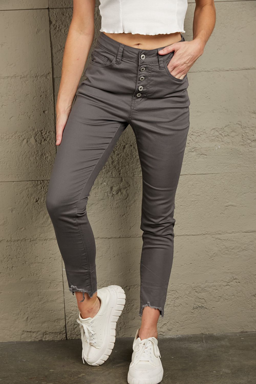 Baeful, Button Fly Hem Detail Skinny Jeans In Gray