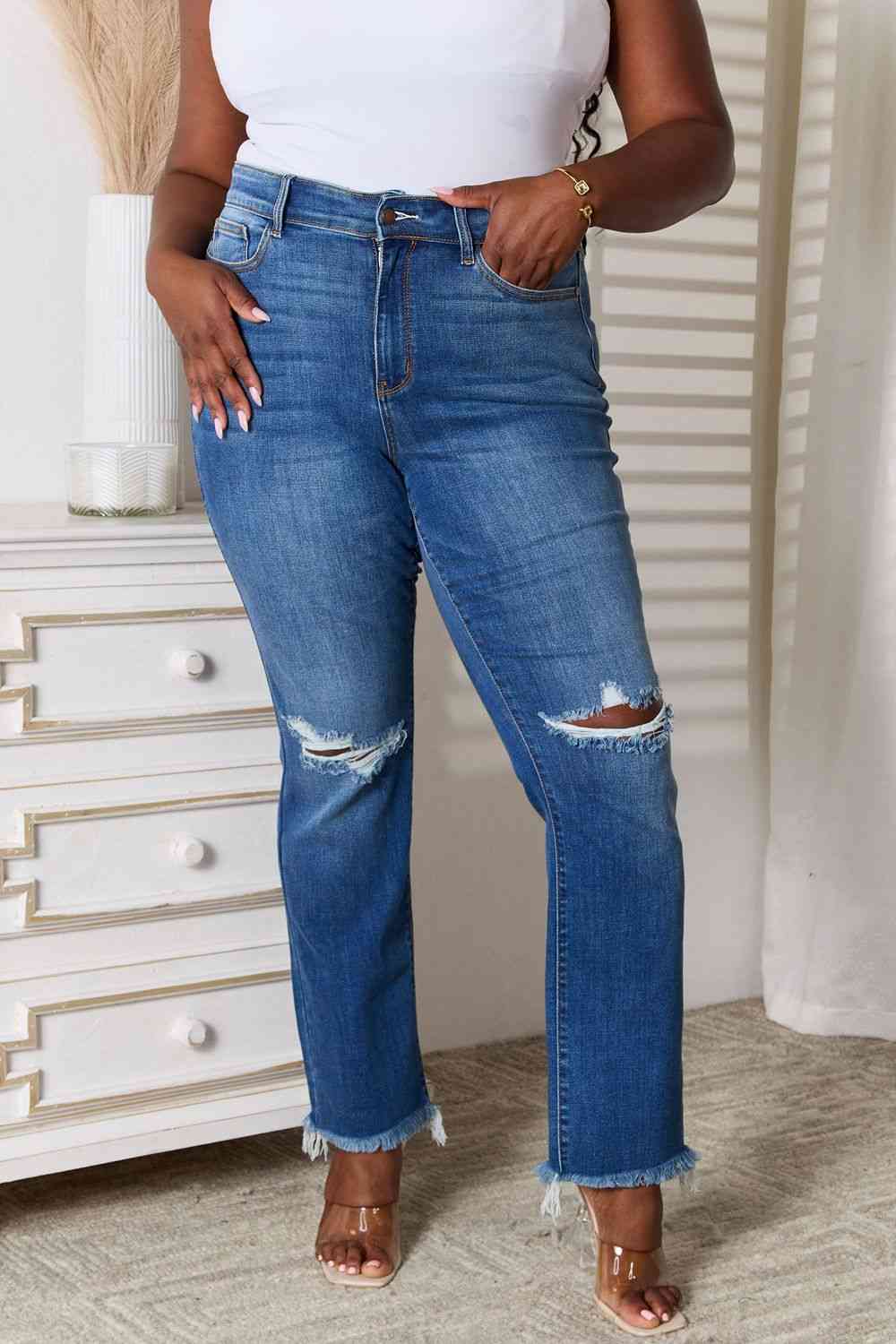 Plus Size, Judy Blue ,High Waist Knee Destroy & Fray Hem Straight Jeans Style 82513