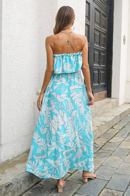 Back View, Sky Blue Printed Frill Trim Layered Strapless Maxi Dress