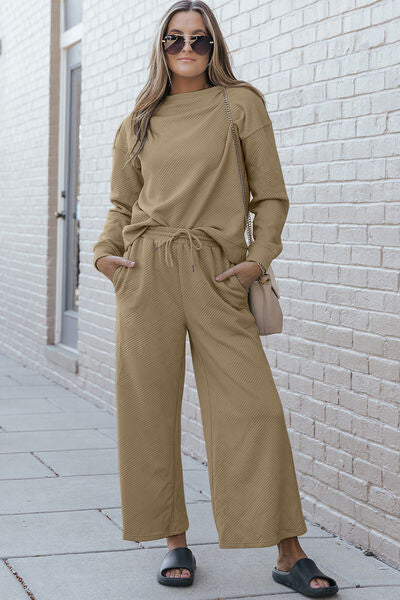 Double Take, Textured Long Sleeve Top and Drawstring Pants Set In Tan