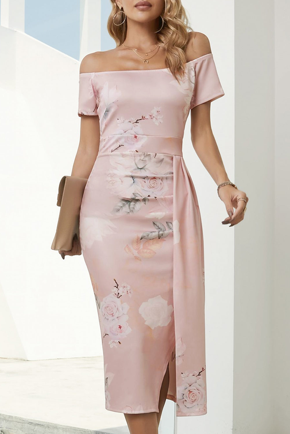 Off-Shoulder Split Dress In Blush Pink
