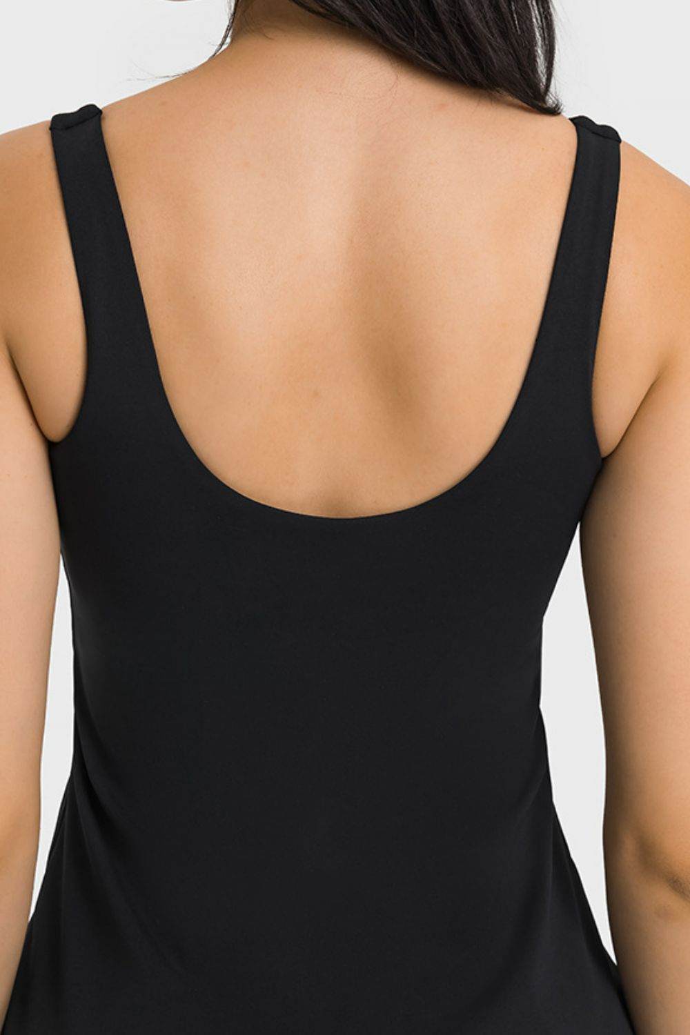 Close-Up, Back View,m Square Neck Sports Tank Dress with Full Coverage Bottoms In Black