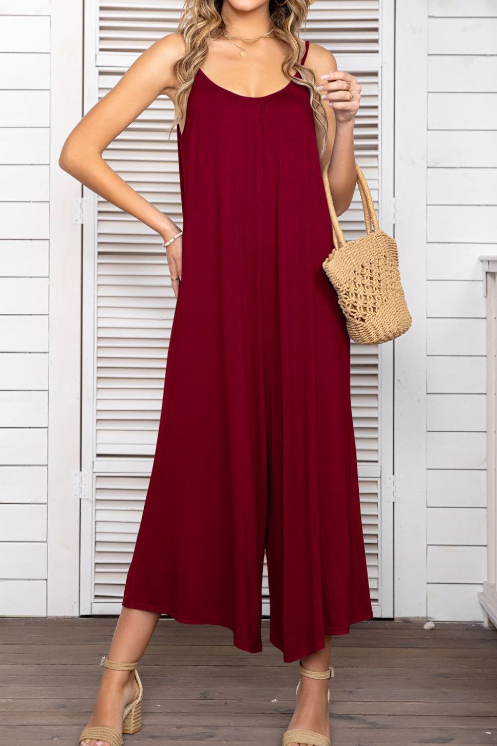 Spaghetti Strap Scoop Neck Jumpsuit In Deep Red