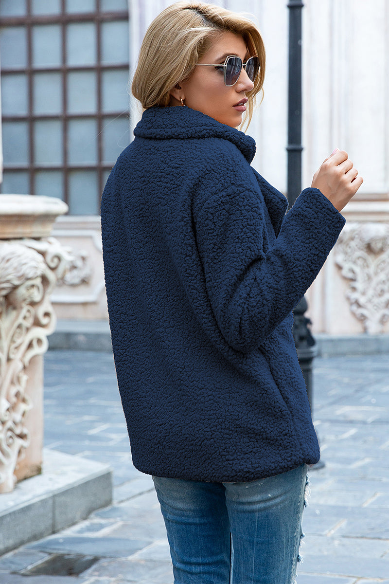 Back View, Lapel Collar Sherpa Coat In Dark Navy