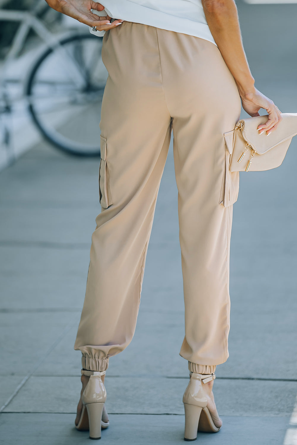 Back View, Tie Front High Waist Cargo Joggers In Khaki
