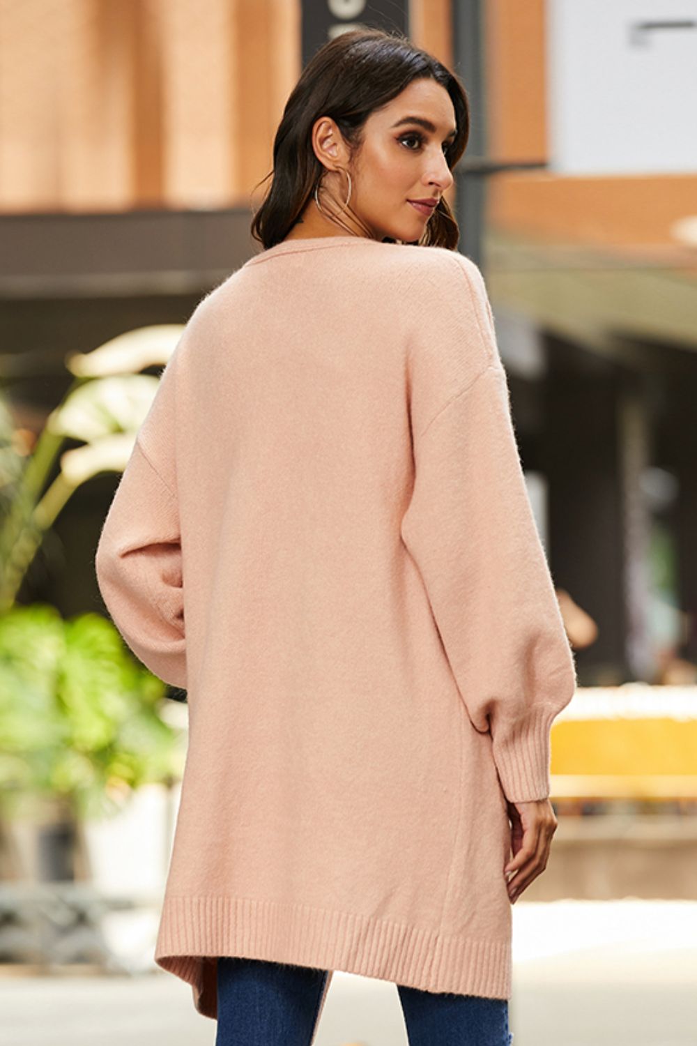 Back View, Double Take, Drop Shoulder Ribbed Trim Open Front Cardigan In Peach
