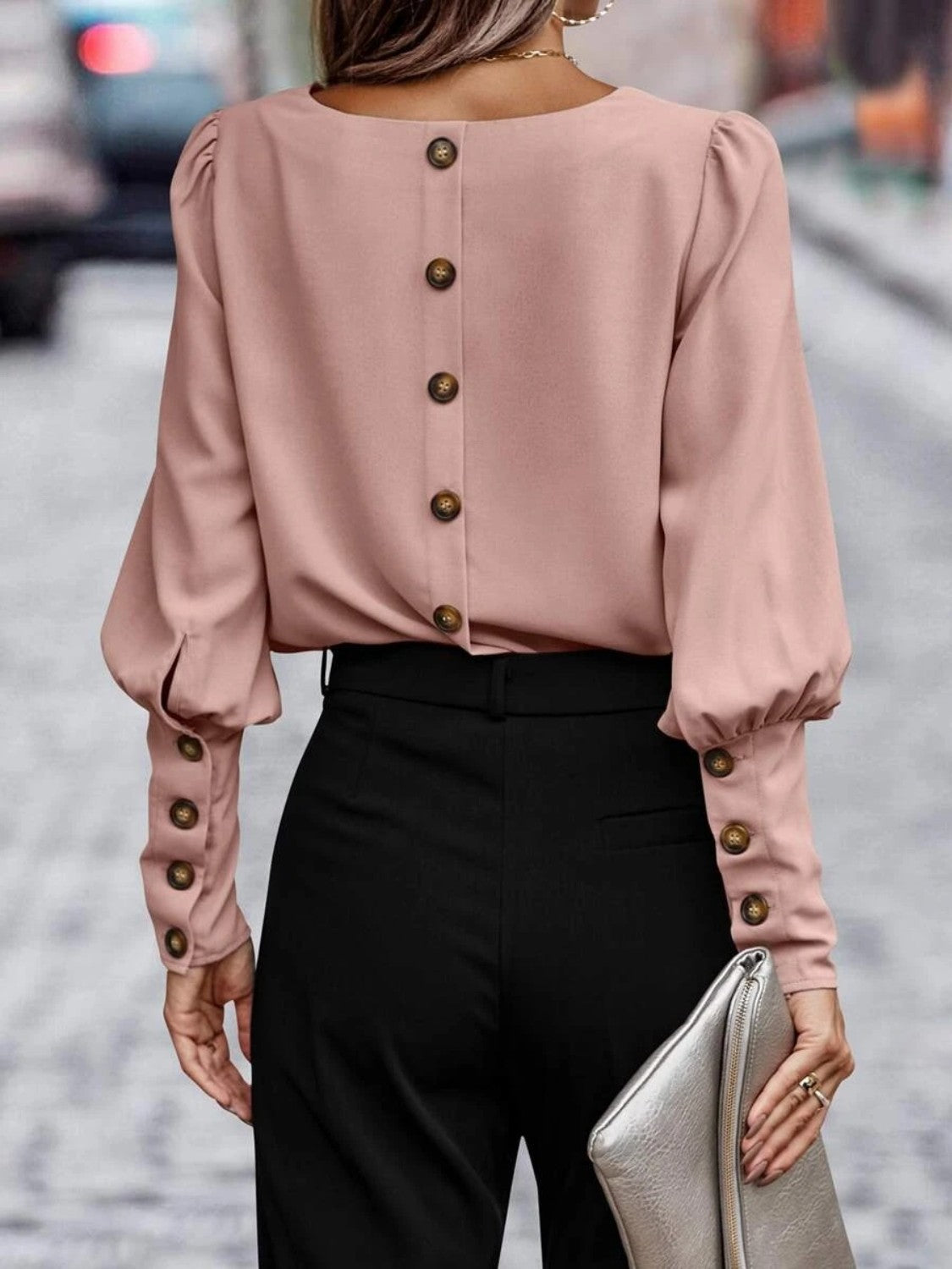 Back View, Round Neck Lantern Sleeve Blouse In Dusty Pink
